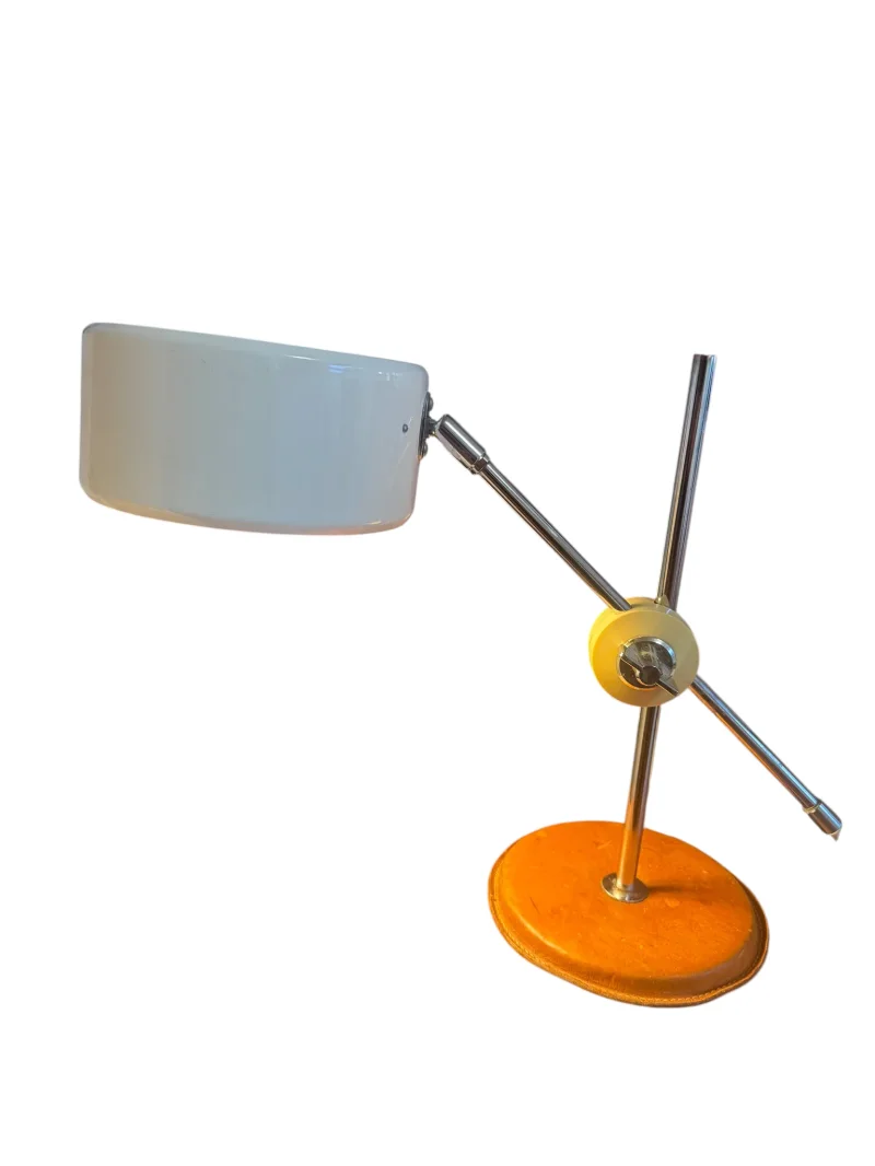 Vintage Simris table lamp by Anders Pehrson for Ateljé Lyktan, chromed frame, leather base, early switch on shade