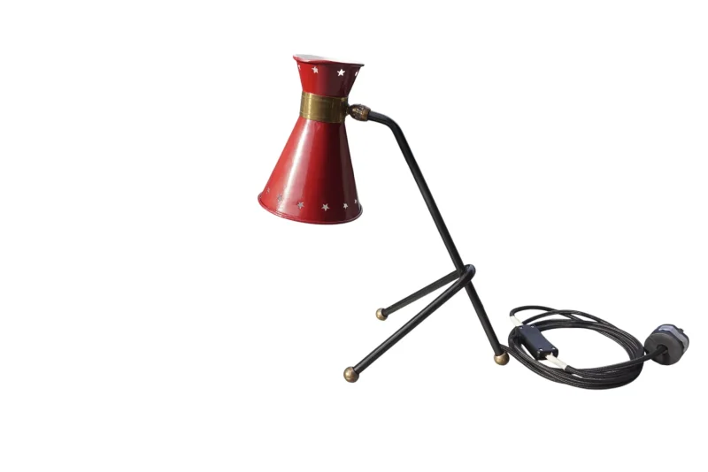Red star-perforated diabolo shade table lamp attributed to René Mathieu for Maison Lunel, black tripod base, 1950s French design