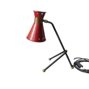 Red star-perforated diabolo shade table lamp attributed to René Mathieu for Maison Lunel, black tripod base, 1950s French design