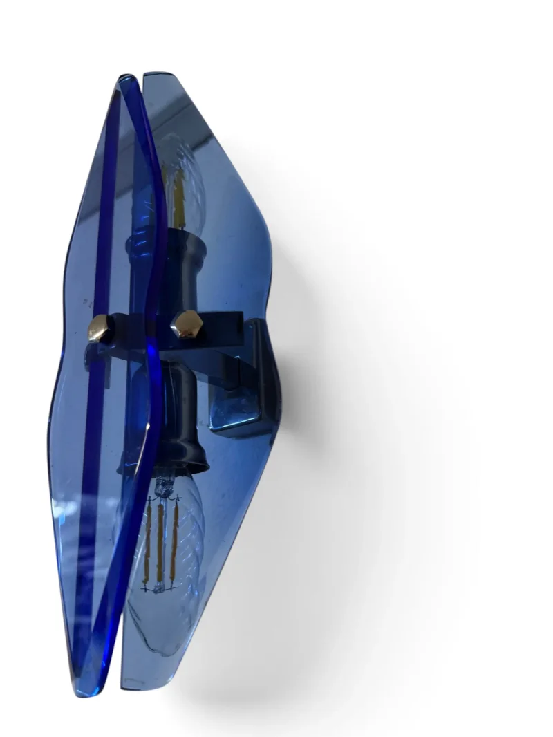 VECA blue glass wall sconce showing the square nickel-plated wall mount bracket