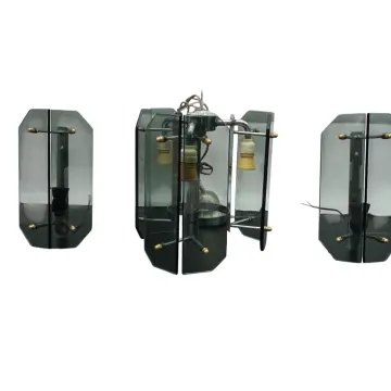 Veca – Dreiteiliges Leuchten-Set, Hängeleuchte & 2 Wandleuchten, Rauchglas, Italien 1970er