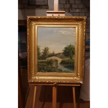 Antique Oil Painting, Signed E. Picard, 1877 — Pastoral River Landscape