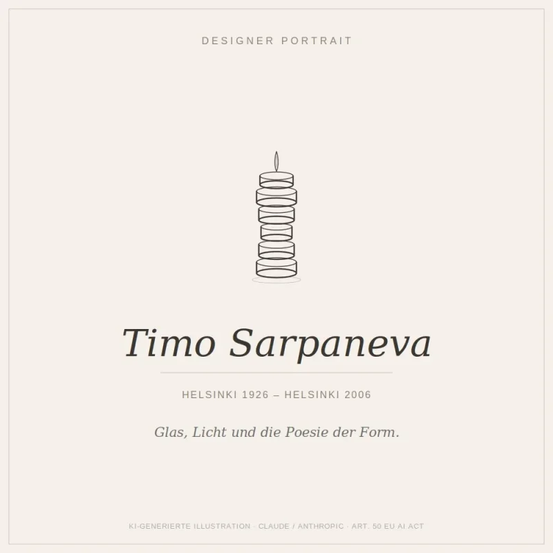 Illustrated designer portrait of Timo Sarpaneva showing a line drawing of the iconic Festivo glass candleholder for Iittala
