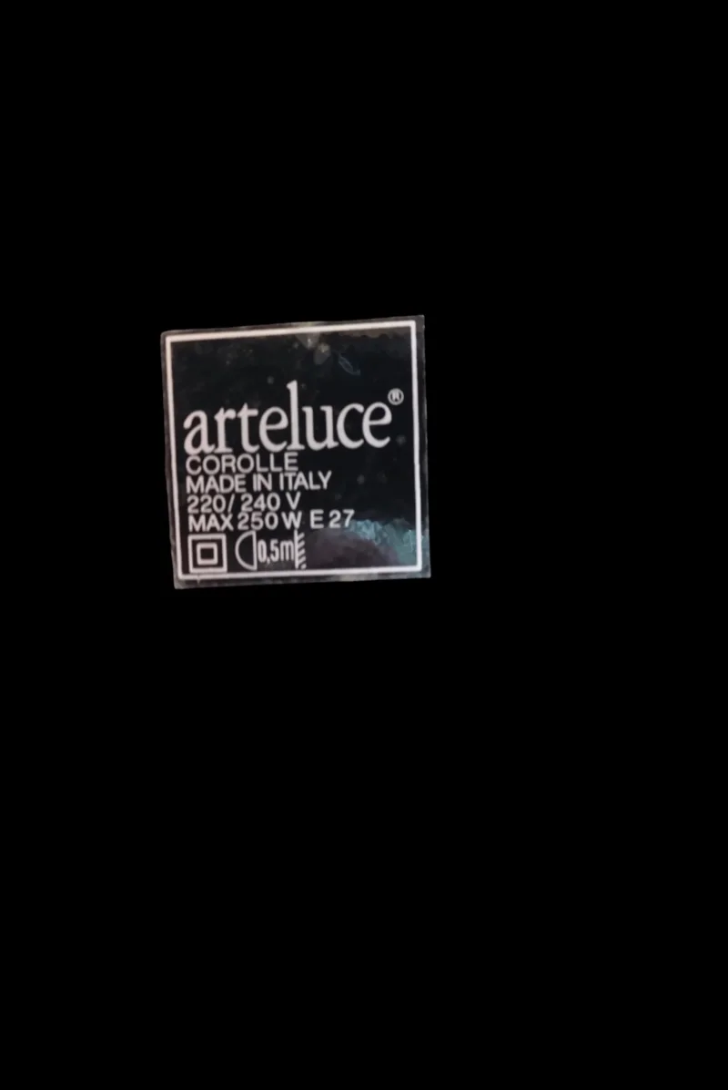 Original Arteluce Corolle label on base: brand name, model, Made in Italy, 220-240V, max 250W, E27 socket