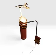 Ateljé Lyktan Skarabé vintage salmon clamp lamp illuminated, showing light output and reflector mirror effect, Sweden 1970s–80s