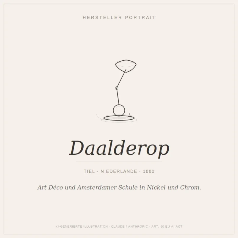 Illustrated manufacturer portrait of Daalderop showing a line drawing of their iconic Art Deco nickel plated desk lamp with ball joint base