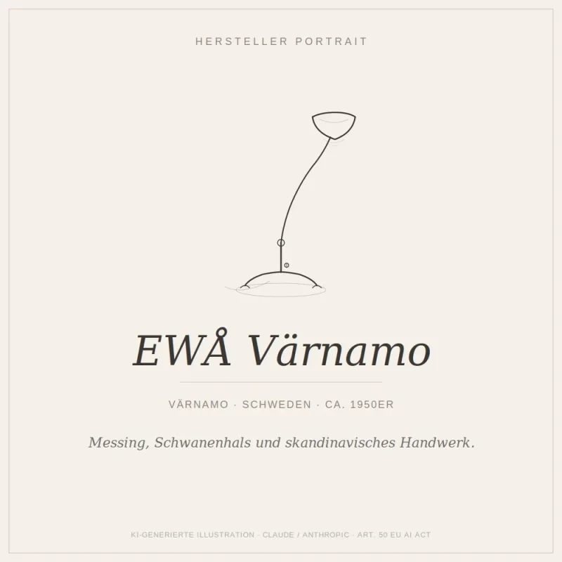 Illustrated manufacturer portrait of EWA Varnamo showing a line drawing of their iconic B52 gooseneck brass desk lamp design