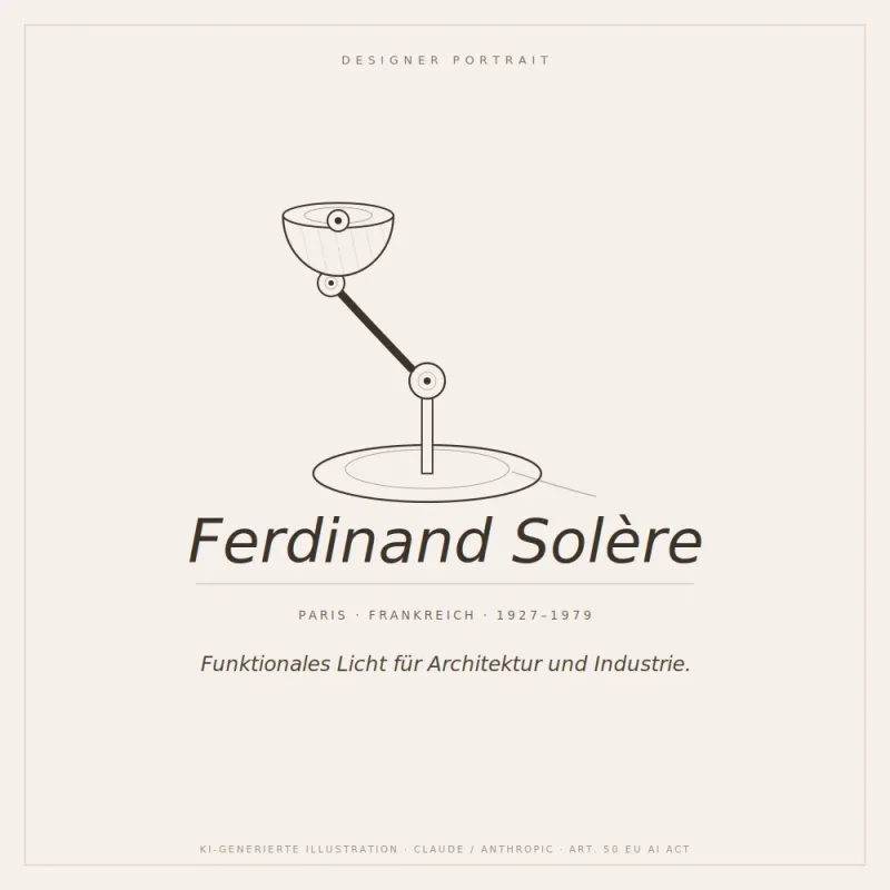 Line drawing of a Ferdinand Solère SOLR architect lamp with ball joint, designer portrait illustration, Paris 1950s