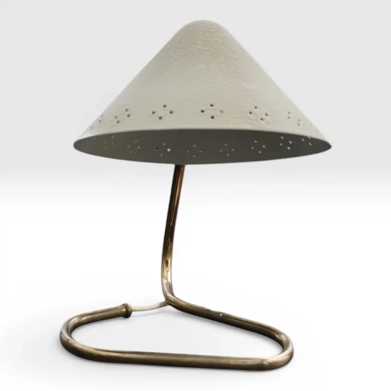 Gnosjo Konstsmide GK14 Table Lamp Erik Warna Light Blue Perforated Shade Brass Bow Base Swedish Modern Vintage 1950s
