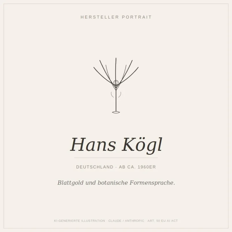 Illustrated manufacturer portrait of Hans Koegl showing a line drawing of a gilt metal botanical palm leaf wall sconce design