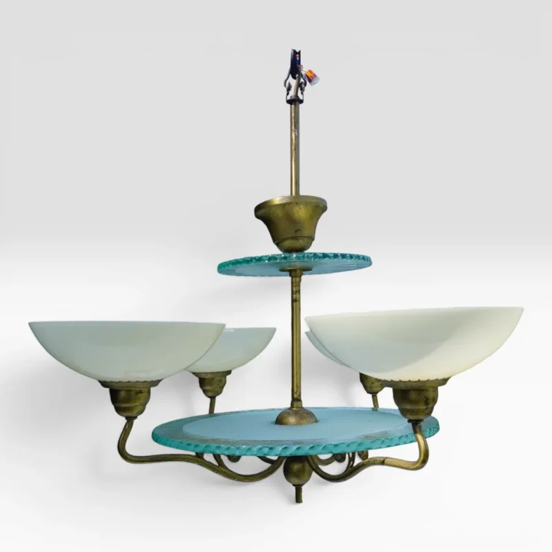Böhlmarks Lampfabrik Swedish Grace Chandelier, attr. Harald Notini, Brass and Opal Glass