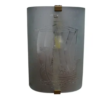 Glössner & Co. – Wandleuchte Wikinger-Drakkar, geätztes Glas, Schweden 1940er