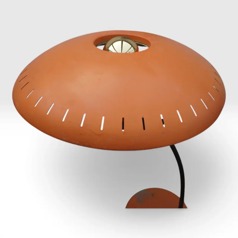 Top view of Philips Junior mushroom shade showing perforations and original brass reflector cup, Louis Kalff 1950s