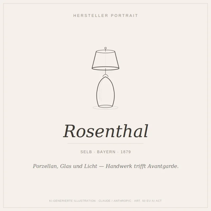 Illustrated manufacturer portrait of Rosenthal showing a line drawing of an elegant porcelain table lamp with fabric shade
