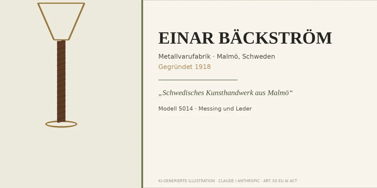 Illustrierter Banner zur Marke Einar B&auml;ckstr&ouml;m mit stilisierter Tischleuchte Modell 5014 (Messing und Leder)