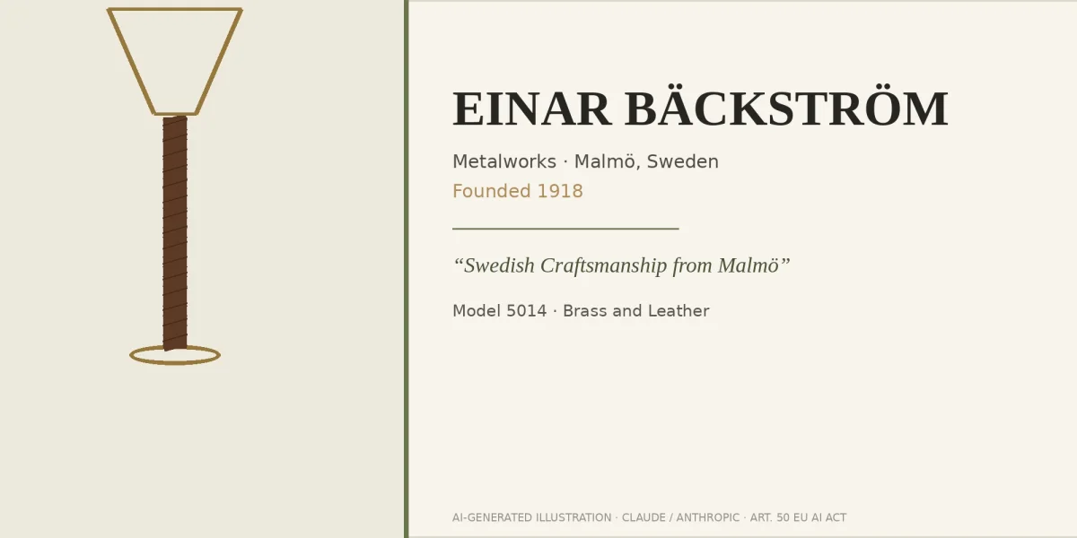 Illustrated banner for the Einar B&auml;ckstr&ouml;m brand featuring a stylized model 5014 table lamp (brass and leather)