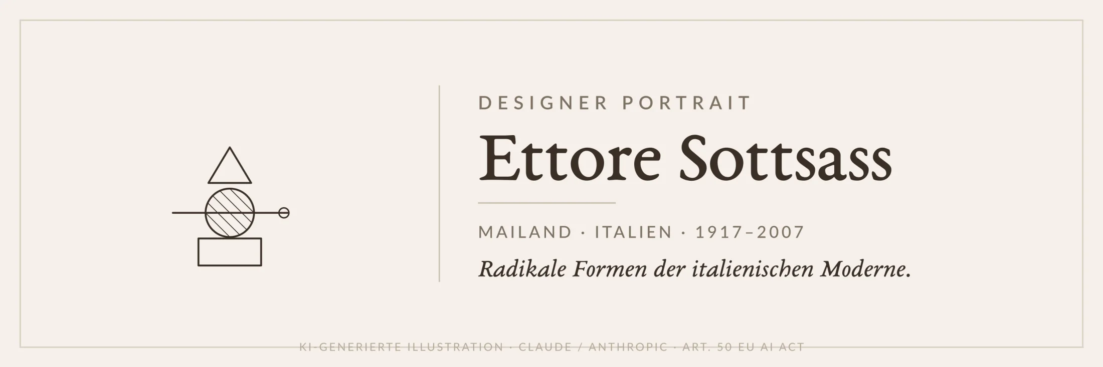 Banner mit Lampen-Icon und Schriftzug Ettore Sottsass, Unterzeile Italien