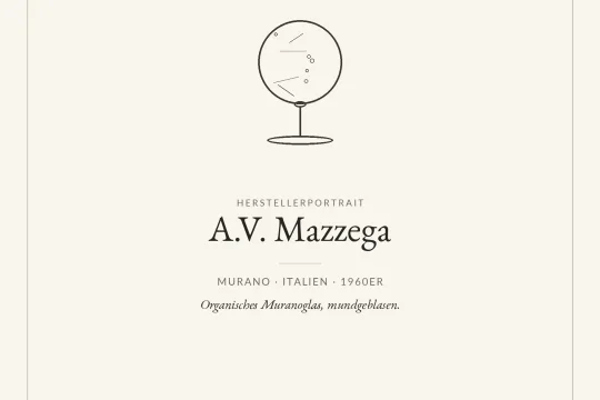 Banner mit Lampen-Icon und Schriftzug A.V. Mazzega, Unterzeile Murano &middot; Italien &middot; 1946