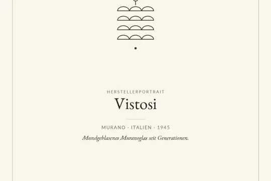 Banner mit Lampen-Icon und Schriftzug Vistosi, Unterzeile Murano &middot; Italien &middot; 1945