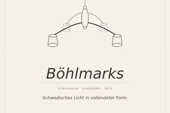 Banner mit Lampen-Icon und Schriftzug B&ouml;hlmarks, Unterzeile Stockholm &middot; Schweden