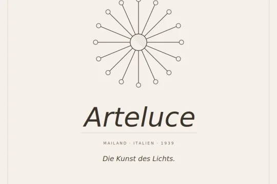 Banner mit Lampen-Icon und Schriftzug Arteluce, Unterzeile Mailand &middot; Italien