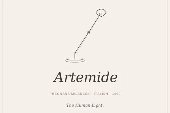 Banner mit Lampen-Icon und Schriftzug Artemide, Unterzeile Mailand &middot; Italien