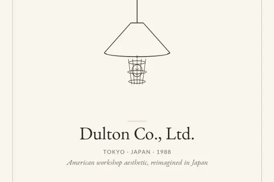 Square card with line illustration of a factory pendant lamp with bulb cage, wordmark Dulton Co., Ltd., subline Tokyo &middot; Japan &middot; 1988