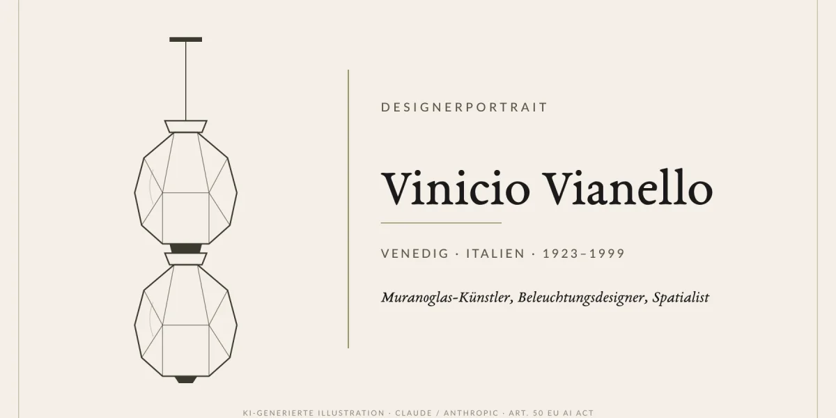 anner mit Lampen-Icon und Schriftzug  Vinicio Vianello, Unterzeile Murano &middot; Italien